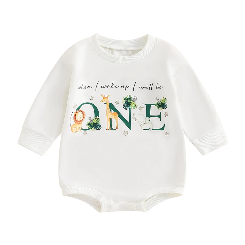 

Baby 1st Birthday Romper Letter Animal Print Long Sleeves Round Neck Sweatshirt Jumpsuit