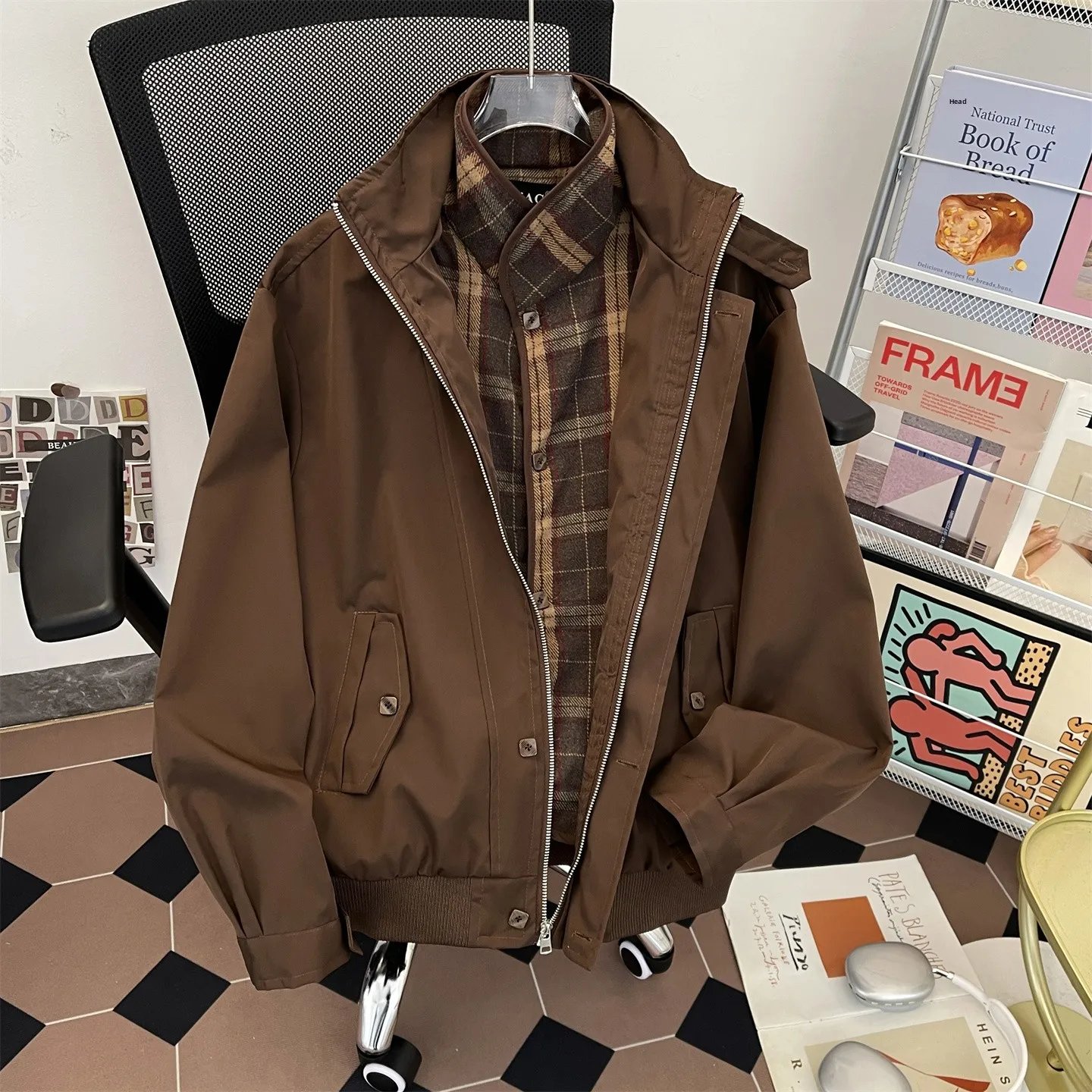 

Vintage Plaid Splicing Baseball Sle Men's Jaet Spring Season Loose Fit Youth Trend Spring Autumn Barn Sle Outerwear