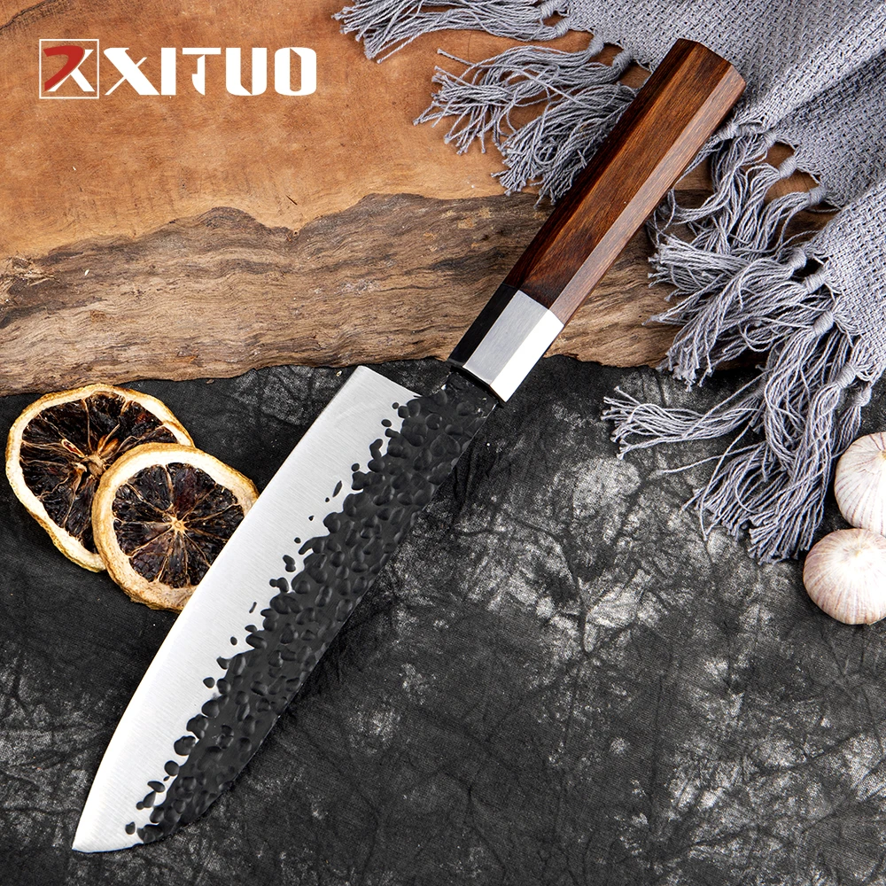 

Japanese Kitchen Chef Santoku Knife 7 Inch High Carbon Steel Hand Forged Pro Slicing Knife Chopping Knife with Octagonal Handle