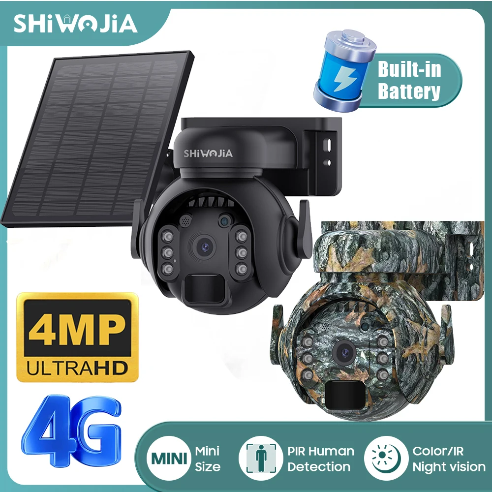 SHIWOJIA WIFI Wireless PTZ Solar Camera 4G SIM 4MP Outdoor Solar Panel Two Way Audio Security Protection CCTV Camera Battery Cam