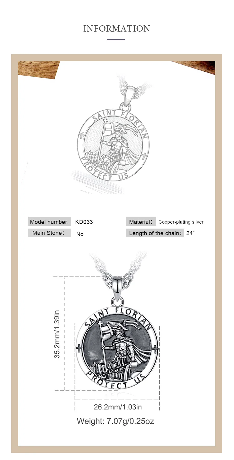 Eudora Kupfer-Halskette mit Heiliger Florian, Feuerwehrmann-Amulett, Kreuzanhänger, christlicher religiöser Schmuck, feines Geschenk für Männer und Frauen – Detail 3