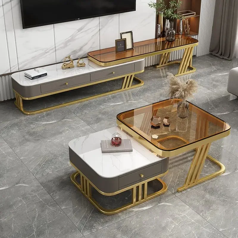 Gold and white coffee table and TV stand, set modular combination living room furniture set