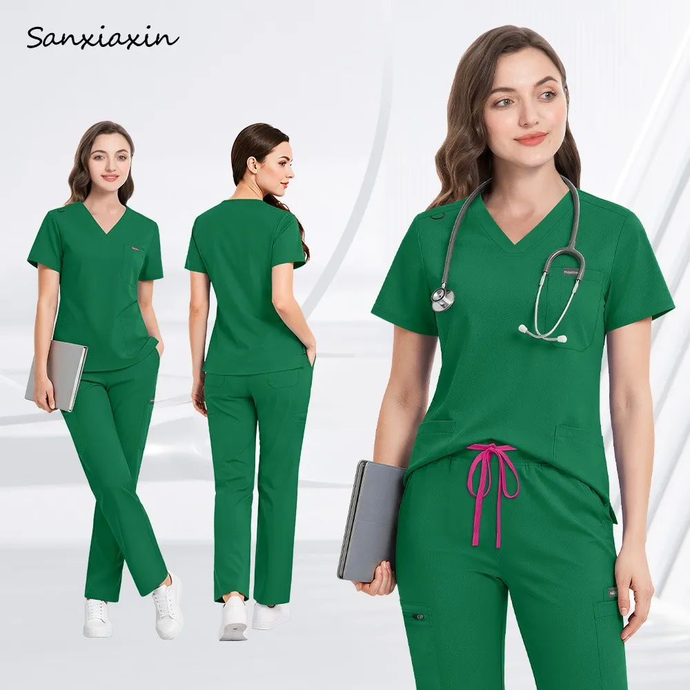 Scrub Uniform 2 Piece Dentist Suit Women Pocket Top+Pants Healthcare Operating Room Surgical Workwear Hospital Nurse Accessories