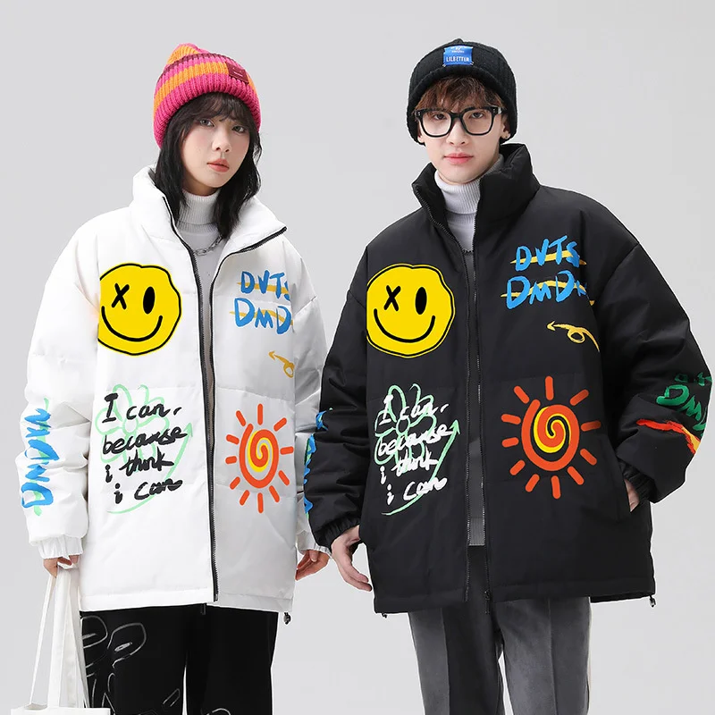GIOIOMen's Down Jacket，Autumn Winter White Duck Down Filled Inner Liner Stand Collar Graffiti Loose Down Cotton Jacket Coat