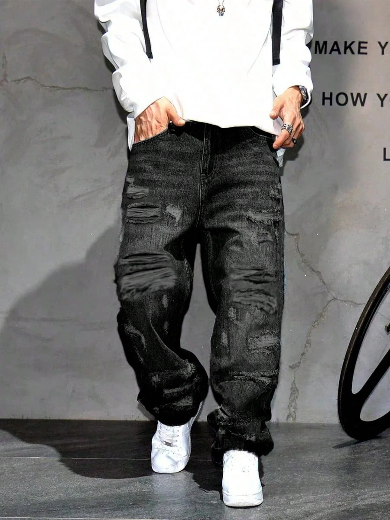 Herren American Retro Y2K Zerrissene Patch-Jeans, Lose Baggy Distressed Denim-Hosen, Hip-Hop Streetwear, Weite Freizeithosen für Männer – Detail 2