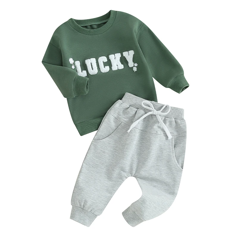 Toddler Boys Irish Day Outfit Sets Long Sleeve Letter Four Leaf Clover Embroidery Sweatshirt Tops Pants Patrick 's Day Outfit