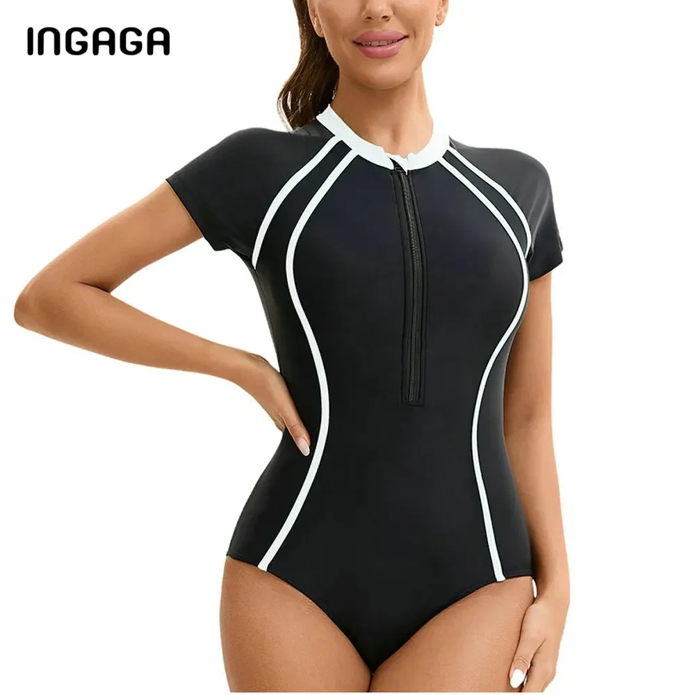 

Women's Short Sleeve Rash Guard UV Protection Zipper Printed Surfing One Piece Swimsuit Bathing Suit