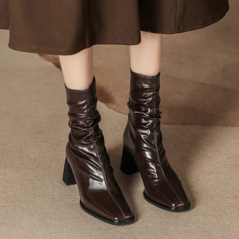 

Ruched high-heeled ankle boots for women, lined with fleece, vintage French fashion mid-calf boots, slimming, with back