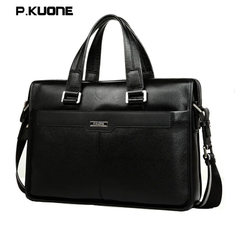 P.KUONE Men Shoulder Messenger Bag Men's Genuine Leather Business Briefcase Crossbody Bag for 15.6' laptop computer male handbag