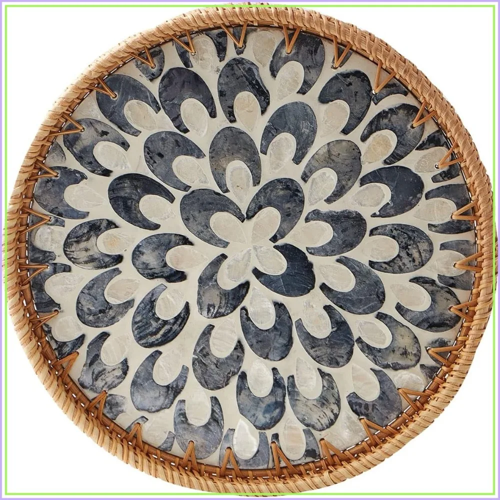 

Round Rattan Tray with Mother of Pearl Inlay, Wicker Serving Tray for Table Decor, Storage & Display
