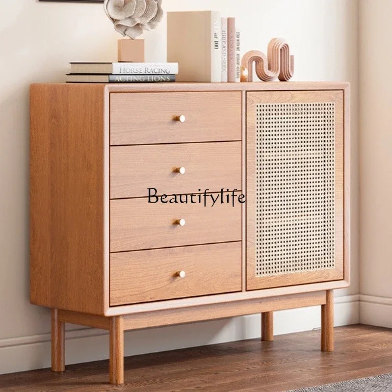 

Y Nordic Solid Wood Rattan Sideboard Cabinet Simple Wood Grain Locker Living Room Wall Multi-Layer Storage Cabinet