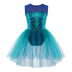 Kids Girls Ballet Dress Shiny Sequins Ballerina Tutu Mesh Dress Sleeveless Gymnastics Leotard Figure Ice Skating Costume