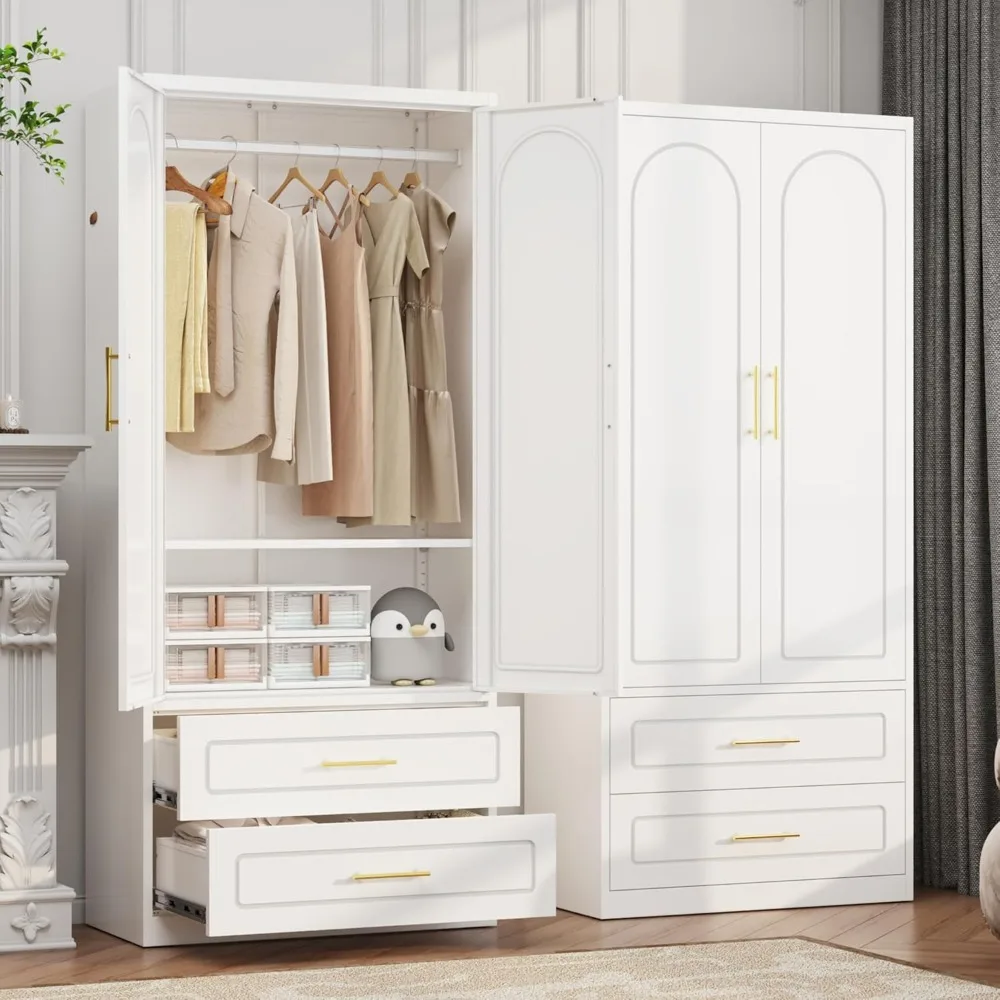 

Metal Armoire Wardrobe Closet with 2 Drawers, 71" Tall Wardrobe Cabinet with Doors, Hanging Rod and Adjustable Shelves, White Cl