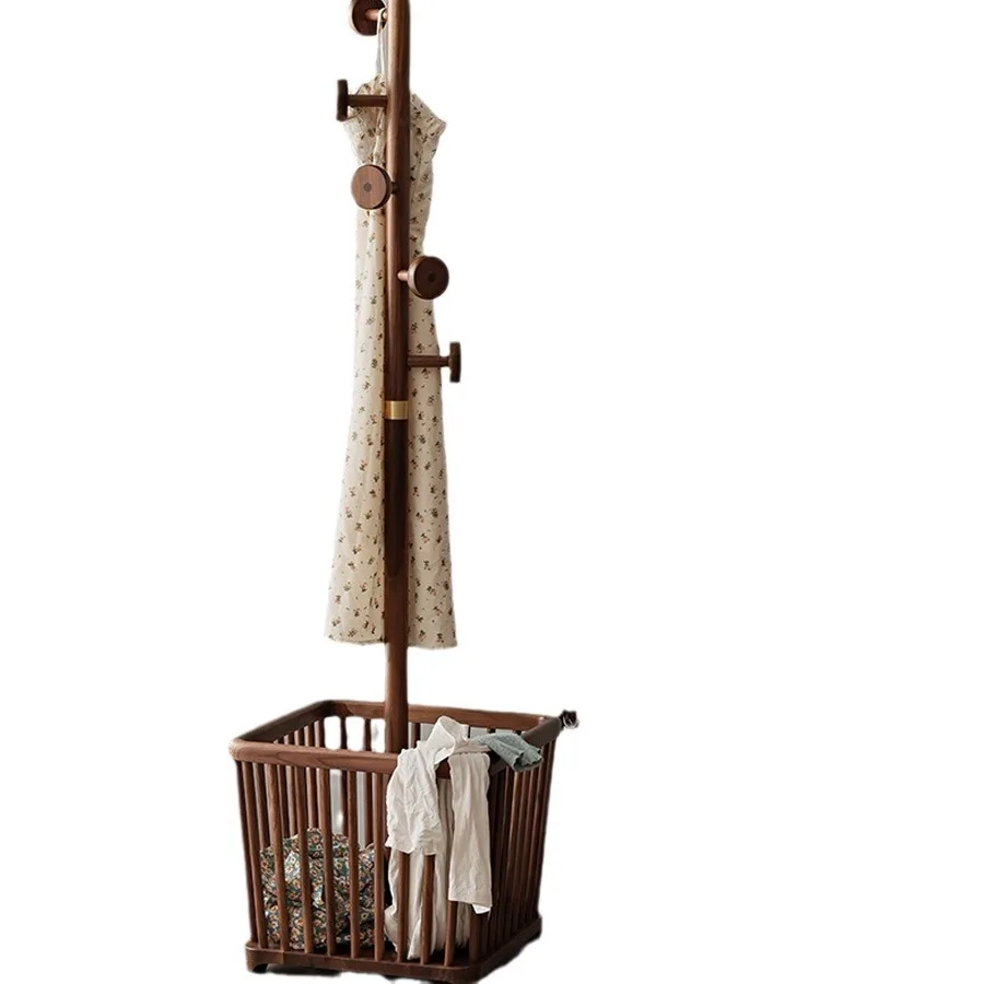 

Dirty clothes basket floor hanger solid wood black walnut household bedroom indoor hanger multi functional coat rack