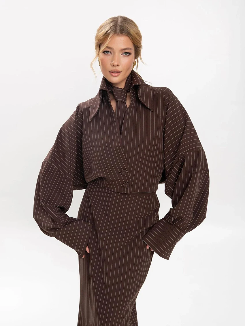 بدلة نوم نسائية مخططة من Marthaqiqi رداء بأربطة وأكمام طويلة ملابس نوم مثيرة بياقة مقلوبة بيجامة تنورة طويلة طقم ملابس نوم #3