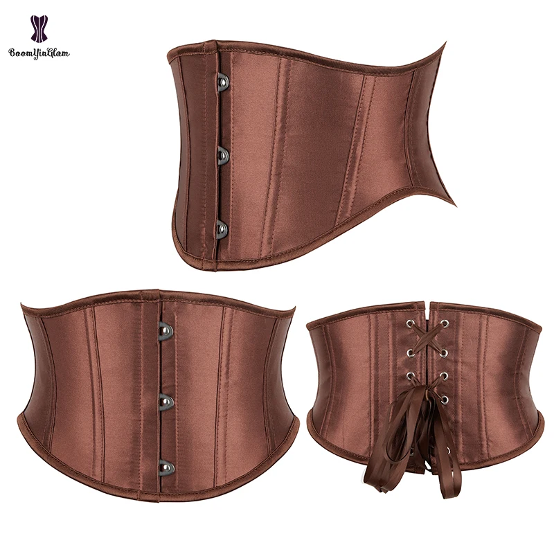 Front 3 Busk Closure Slimming Bustier Satin Underbust Corset Woman\'s Plus Size Underwear Corselet Gothic Shapewear Black Brown