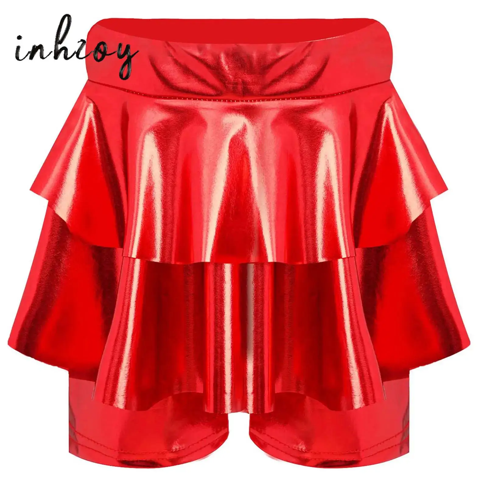 

Kids Girls Metallic Skirted Shorts High Waist Elastic Waistband Tiered Culotte for Jazz Dance Cheerleading Activites Performance