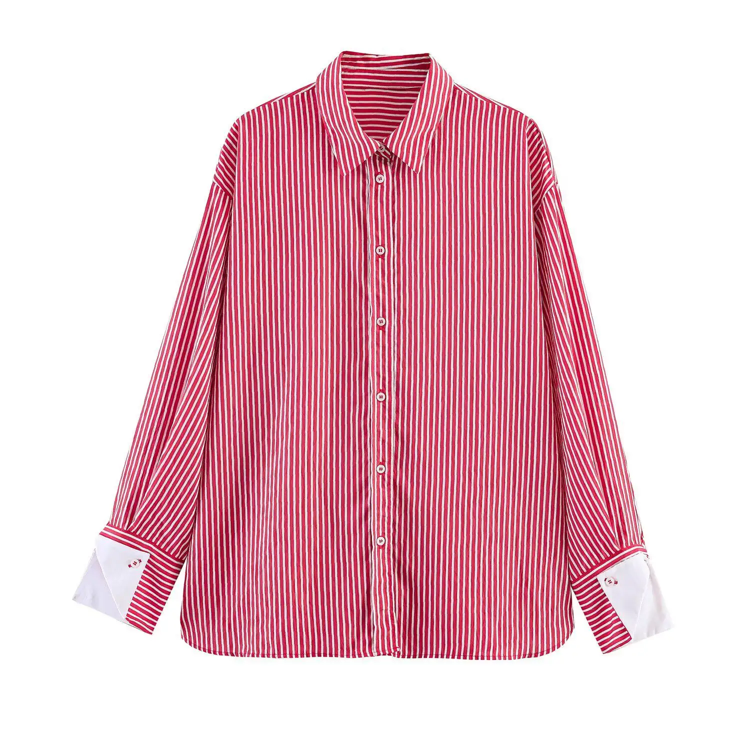 

SuperAen Women's European and American-style Fashionable Striped Shirt Spring New Patchwork Long-sleeved Polo Collar Casual Tops