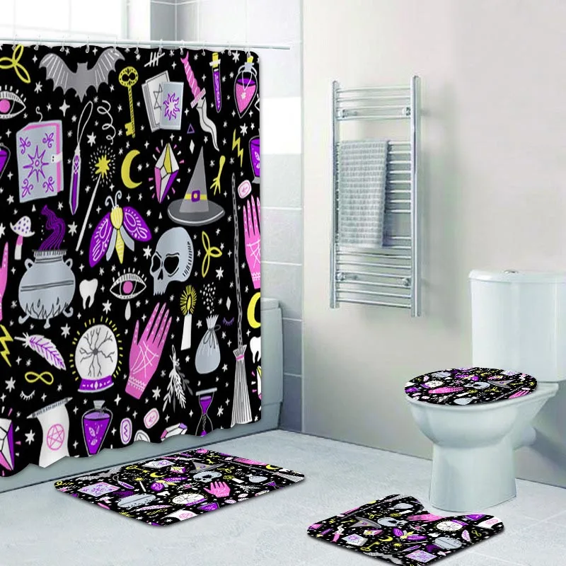 

Girly Bohemian Black Alchemy Magic Witch Witchcraft Bathroom Shower Curtains Set Halloween Skull Tarot Bath Mats Rug Home Decor