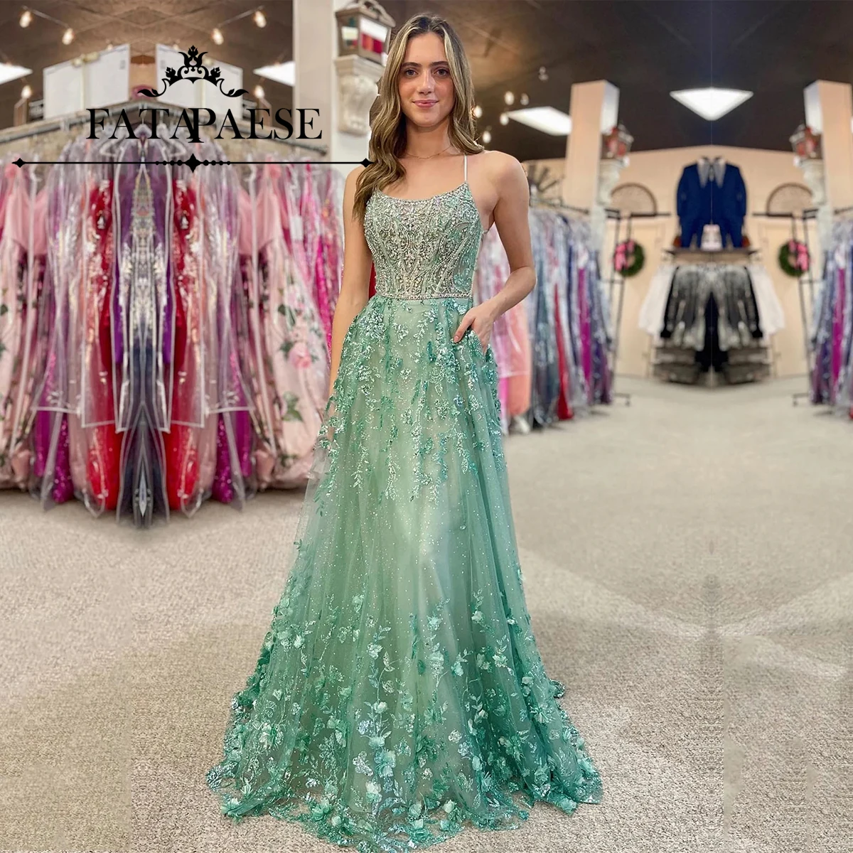 

FATAPAESE Customized Glitter Fomral Prom Dress Sexy Shin Spaghtti Straps Sleeveless Beadings Sequins Bodice Aline Gown Evening