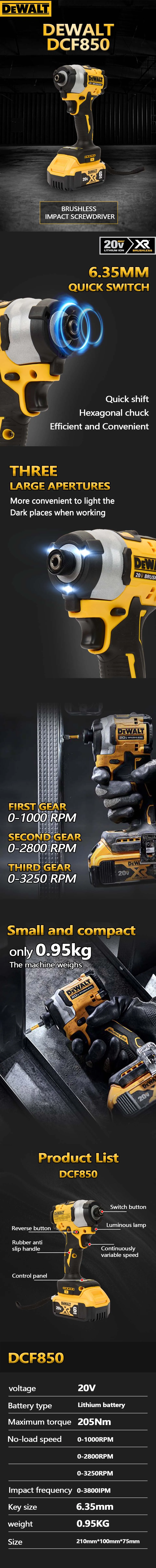 DEWALT wireless lithium battery brushless compact impact screwdriver electric drill single machine DCF850