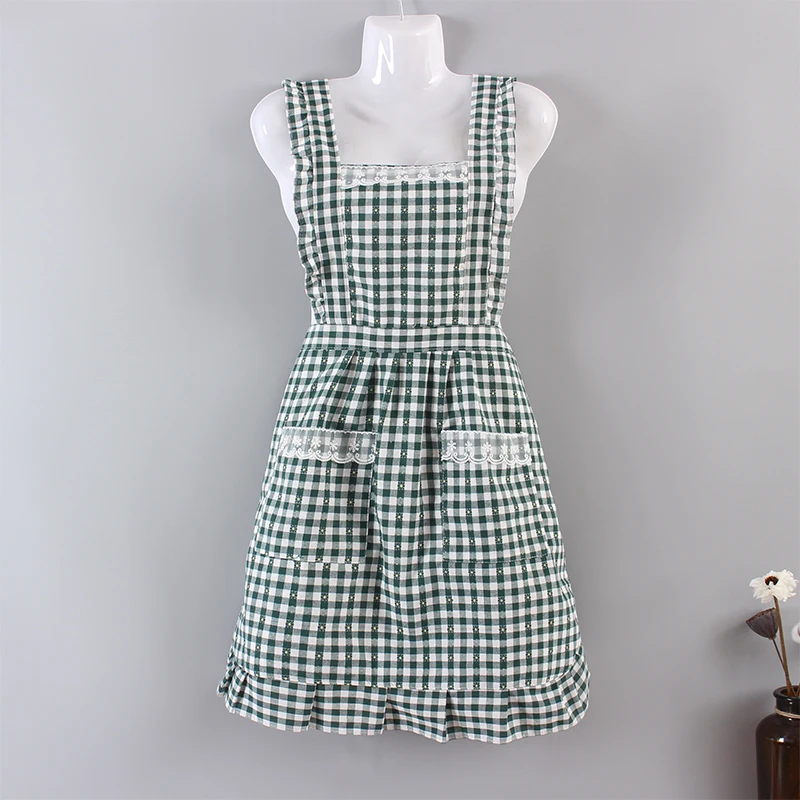 Fashion Breathable Waist Cute Plaid Home Apron Ladies Thin Princess Skirt Japanese Kitchen Work Clothes