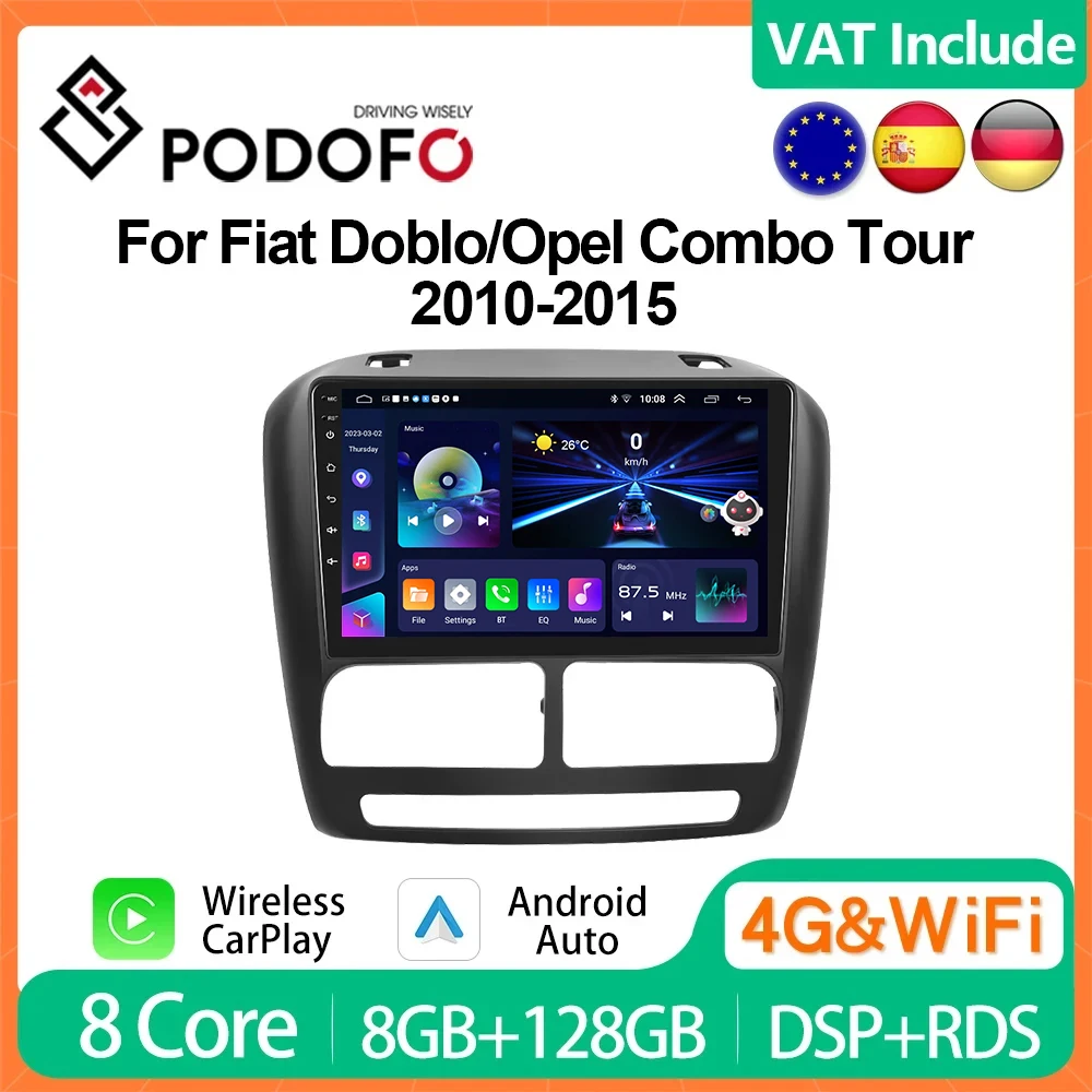 Podofo 8G+128G CarPlay Android Radio For Opel Combo Tour Fiat Doblo 2010-2015 Car Multimedia Player 2din Head Unit 4G GPS Stereo