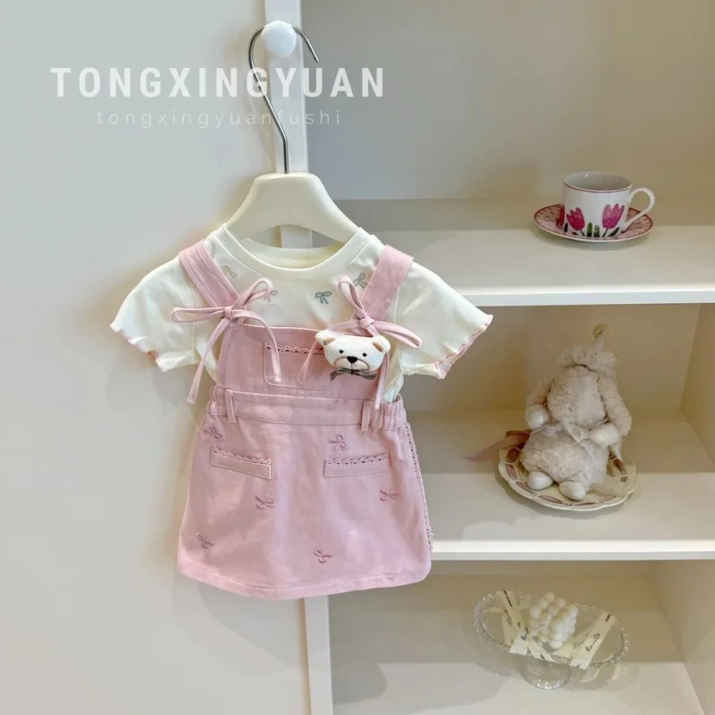 

Sweetcutegirl Summer Outfit Set2025New Cute Baby Girl Suspender Dress Summer Short Sleeve Top
