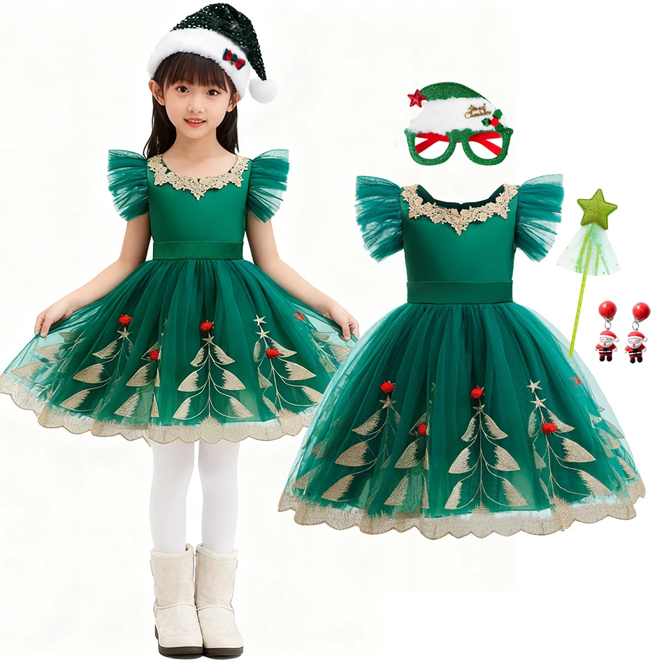 فستان الأميرة الأخضر لعيد الميلاد للفتيات، تنورة توتو مطرزة بياقة دانتيل، فستان حفلات الأطفال، ملابس رسمية لعيد الميلاد