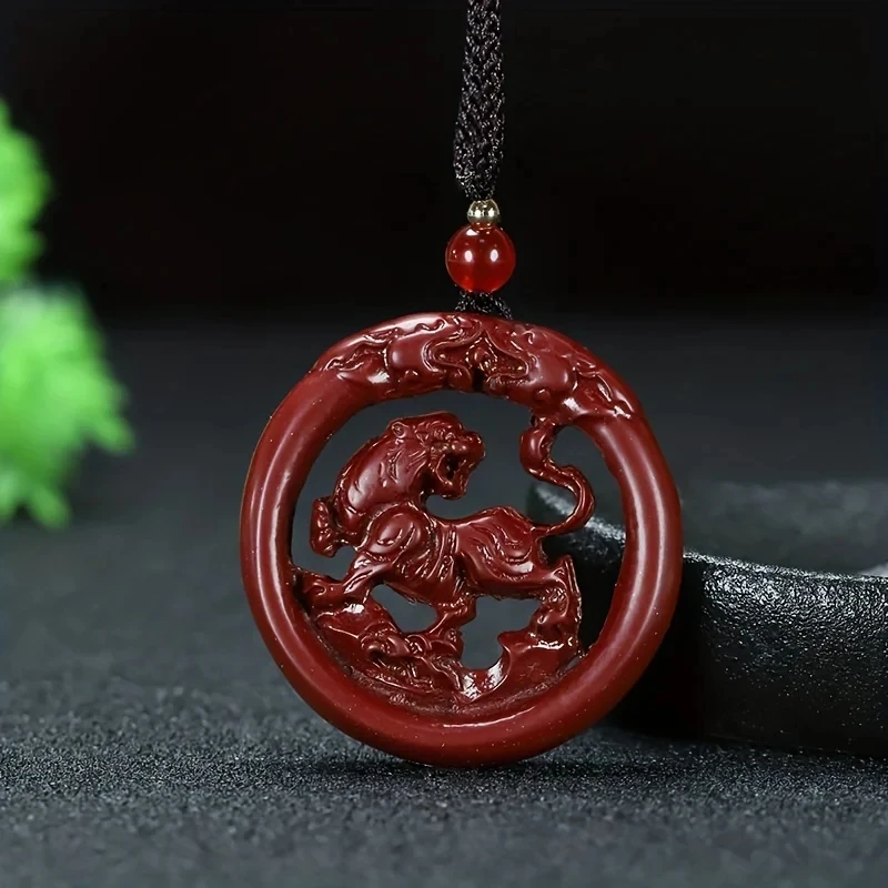 

Natural Cinnabar Two Dragons Protect The Tiger Necklace Pendant Fashion Jewelry Men Women Luck Holiday Gift