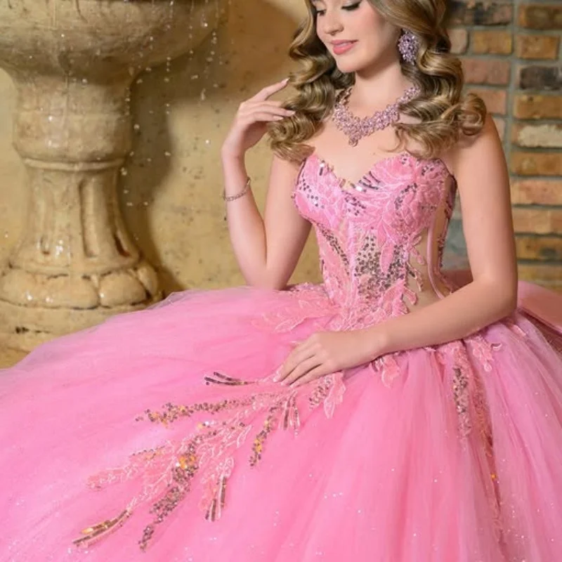 Customized Shiny peach pink Quinceanera Dresses Off the Shoulder sequin applique crystal Bow Long tail Vestido 15 Quinceanera