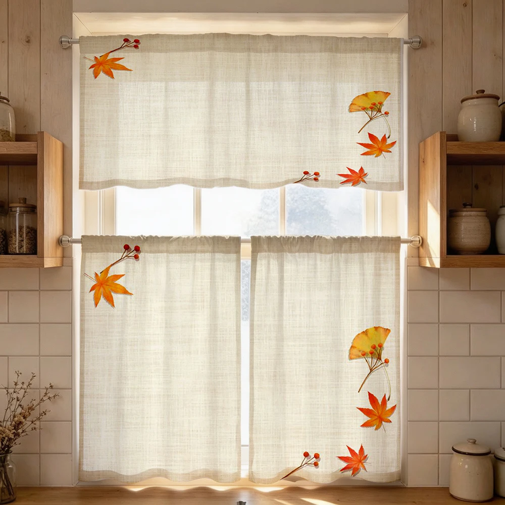 Minimalist Kitchen Curtains, Maple Ginkgo Leaf Corner, Digital Print, Kitchen Dining Room, Rod Pocket Polyester, Home Decor