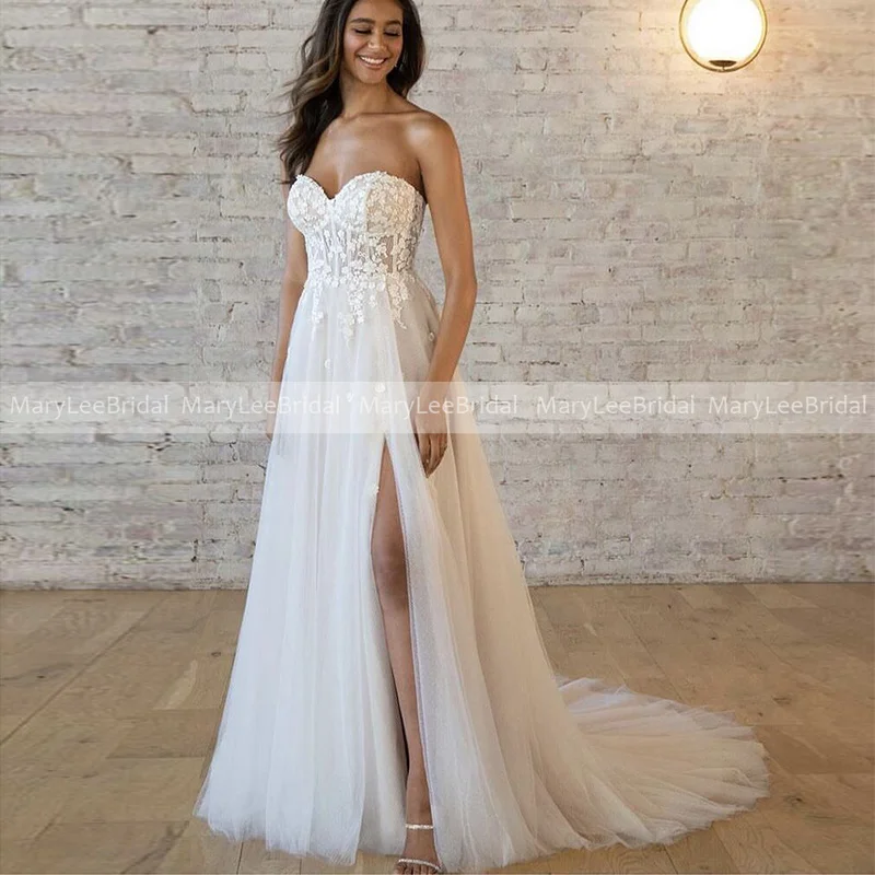 

High Slit Boho Wedding Dresses Applique Sweetheart Lightweight Flowing Soft Tulle Summer Beach Bridal Dress for Women 2022 Bride