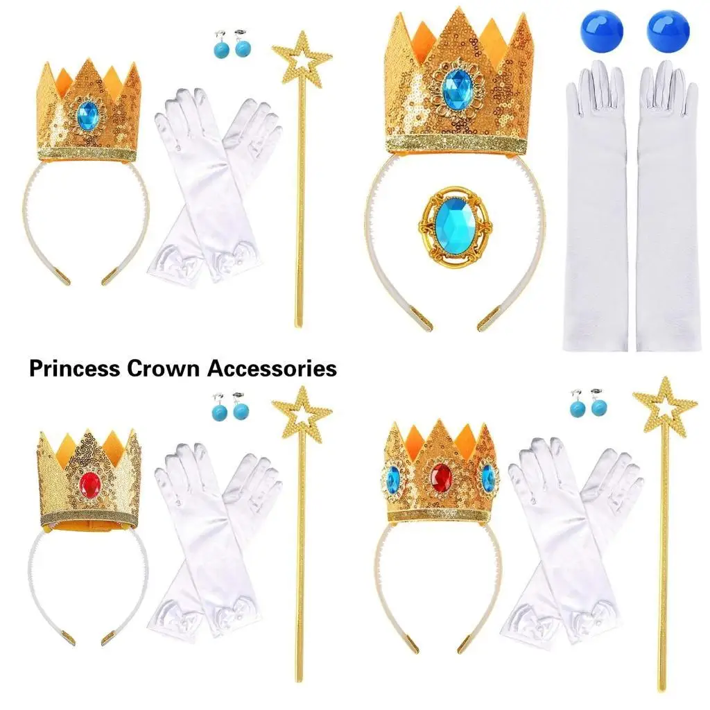 39BB Princess เครื่องแต่งกายอุปกรณ์เสริมถุงมือต่างหูเจ้าหญิงสายคาดศีรษะ Princess Crown อุปกรณ์เสริมสำหรับปาร์ตี้คอสเพลย์