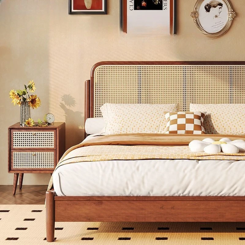 

Japanese-style solid wood bed homestay bed Small apartment 1.2m single retro solid wood 1.5m double Master bedroom 1.8m