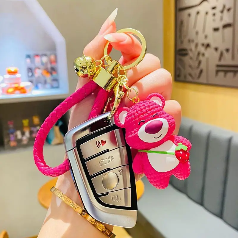 Strawberry Bear Keychain Cartoon Anime Cute Doll Bag Pendant Car Key chain Ring Bag Charm Accessories Small Gift Keyring