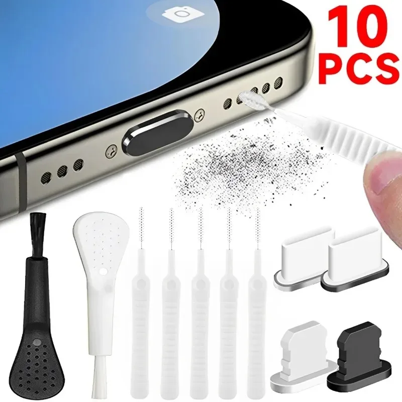 10-1Pcs Phone Charging Port Dust Plug with Cleaning Brush Anti-Dust Sticker for IPhone 15 14 13 Samsung  IOS Type C Cleaner Sets