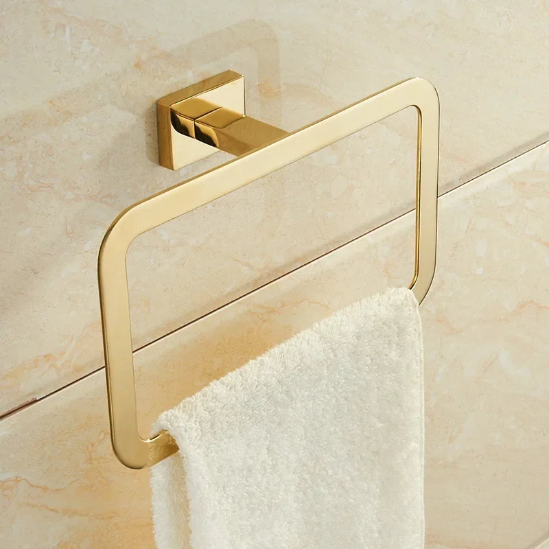 Gold Towel Ring Chrome Bathroom Accessories Decoration Elegant Square Style