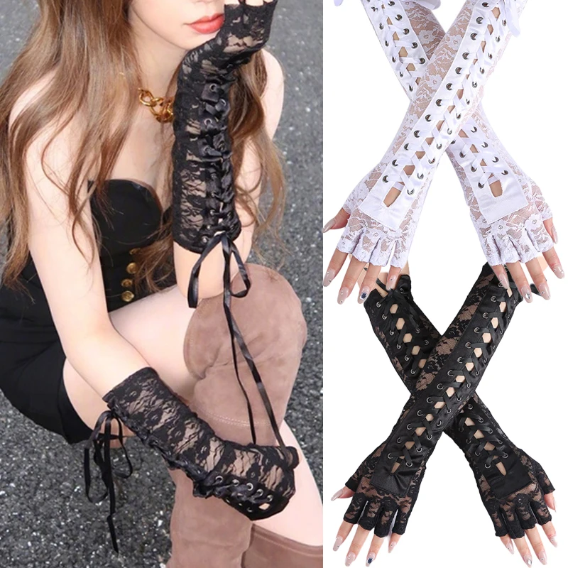 

1Pair Women Gothic Long Glove Fingerless Black Punk Hip Pop Jazz Disco Mittens Clubwear Dance Cosplay Party Costumes Fashion