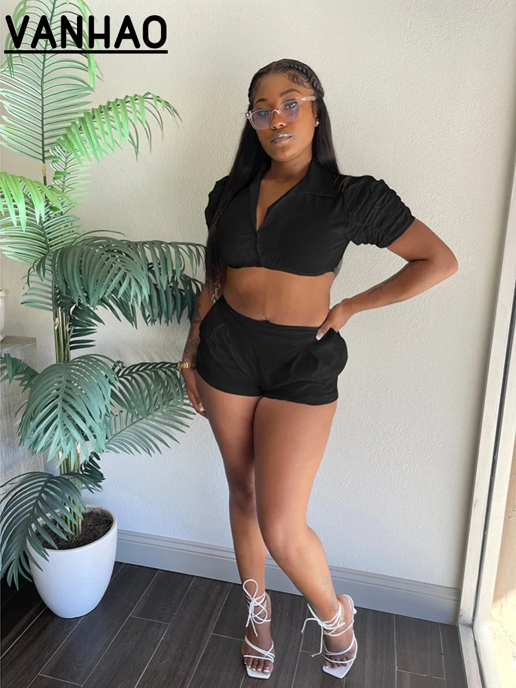 

VANHAO Loose Fitting Sportswear Two-piece Set Pile Up Sleeve Lapel Shirt+Solid Color Shorts Sports Suit Wholesale Dropshipping