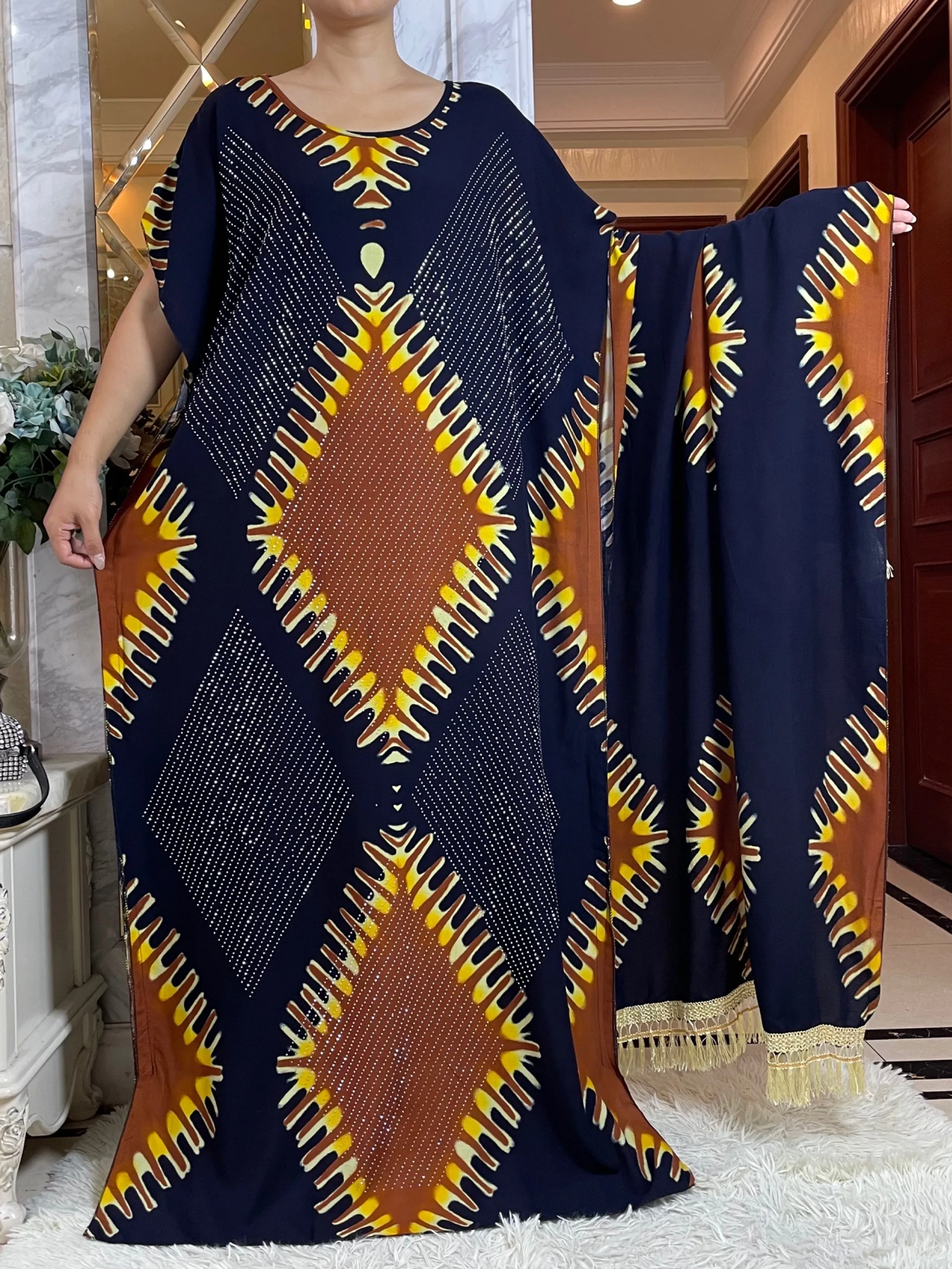 2024 African Summer Short Sleeve Dashiki Dress with Big Scarf Loose Boubou Maxi Islam Women Casual Dress Diamonds Abaya Clothes