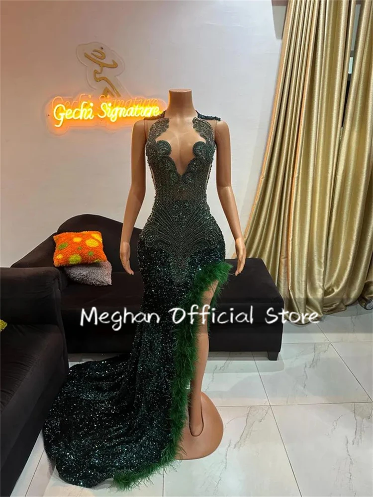Emerald Green O N Sequin Long Prom Dress Black Girl Bead Crystal Birthday Luxury Dress Feather Evening Gown Split Customized