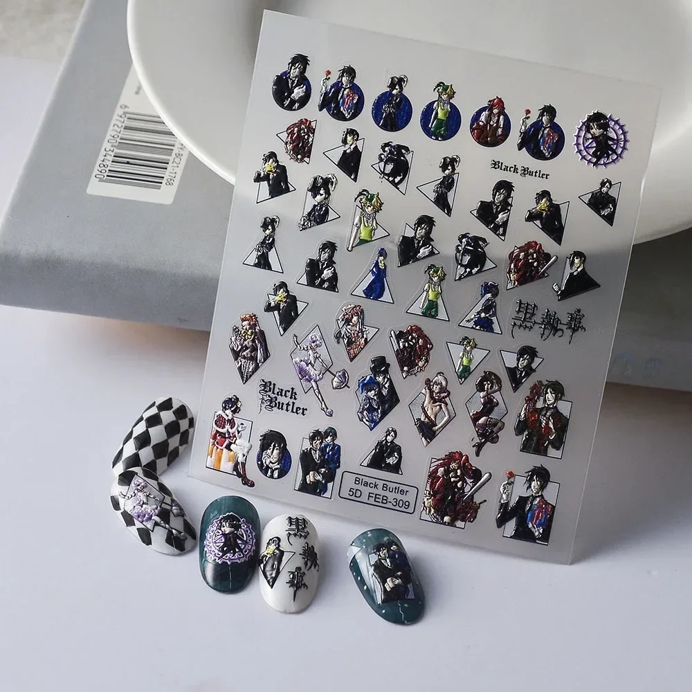 

5D Anime Ciel Phantomhive Cool Nail Sticker Self Adhesive DIY Nail Art Waterproof Nail Art Accessories Black Stickers for Nails