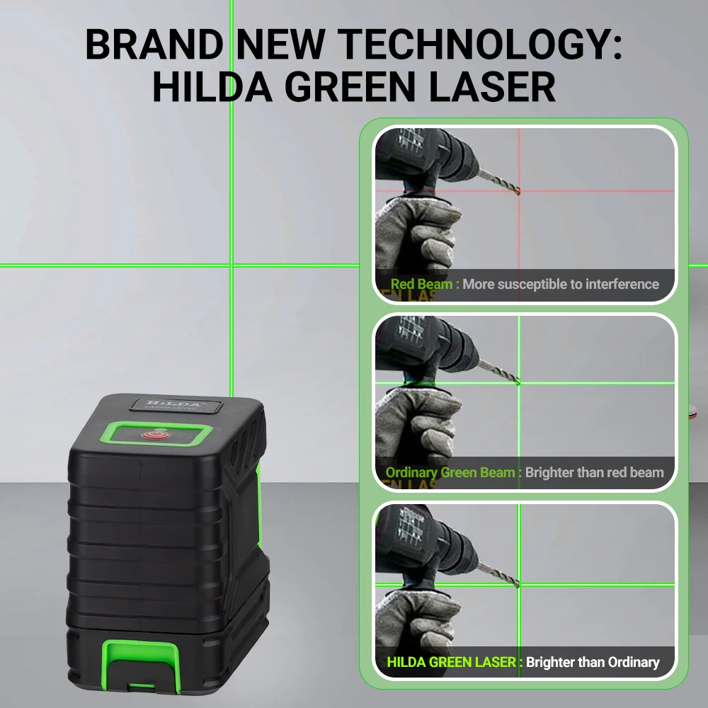 HILDA 2 Lines Laser Level Self Levelling Green Beams New Style Laser Horizontal & Vertical Cross-Line