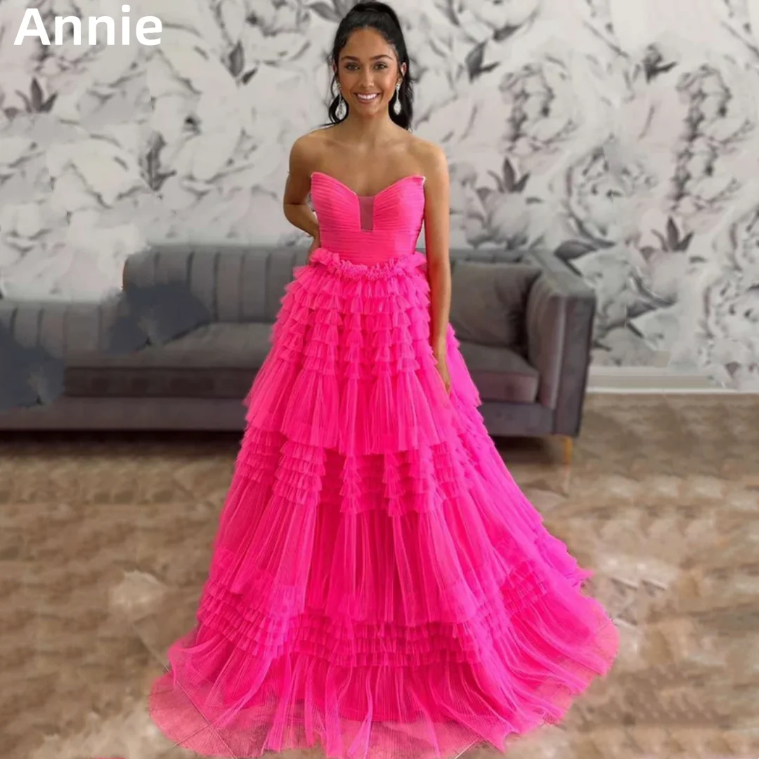 Annie Delicate Hot Pink Prom Dresses Tulle Layering Wedding Dress Vestidos De Fiesta Princess Sexy Strapless Party Dresses