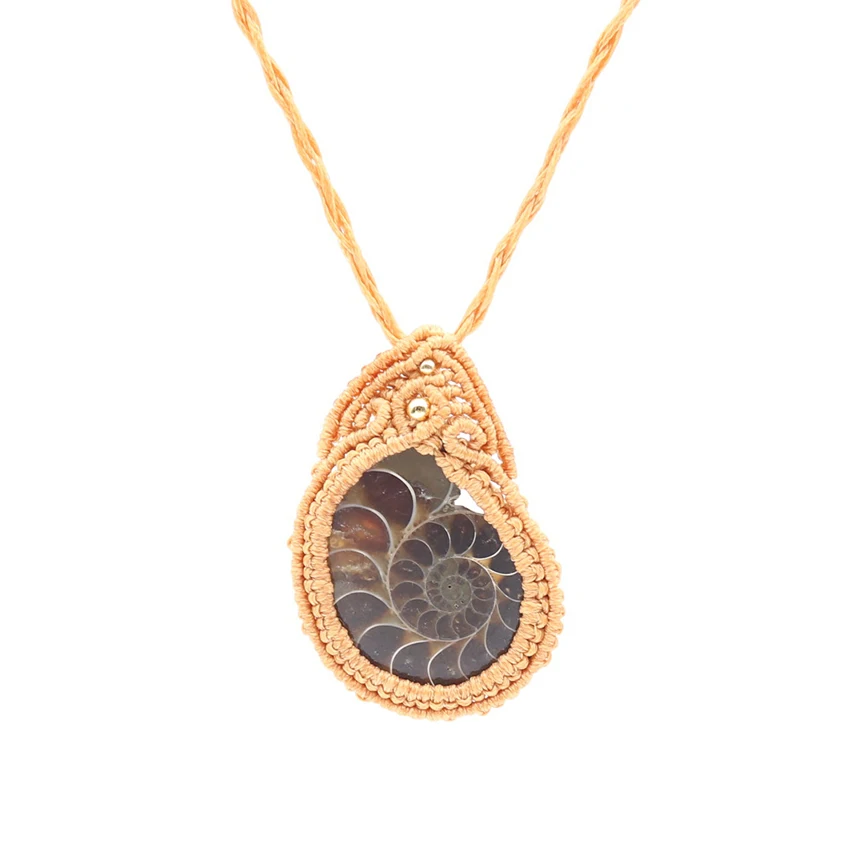 Handmade Weave Wrap Irregular Shape Ammonite Reliquiae Pendant Rope Chain Necklace Ethnic Style Jewelry