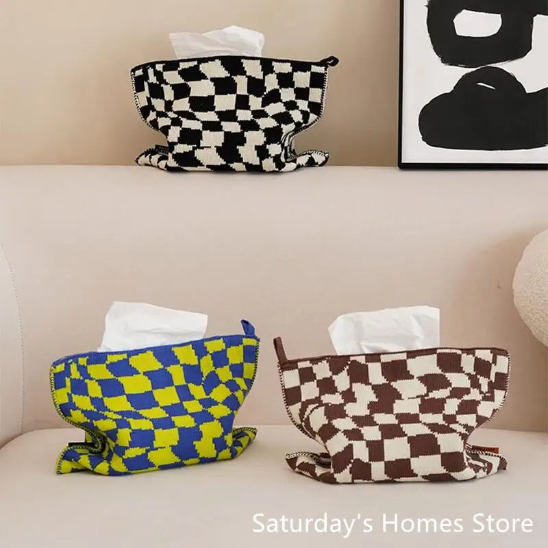 Mosaic  Plaid  Knit Tissue Box Knitting Cotton Thread Napkin Holder Tissue Bag Bedroom Kitchen Desktop Storage Napkins