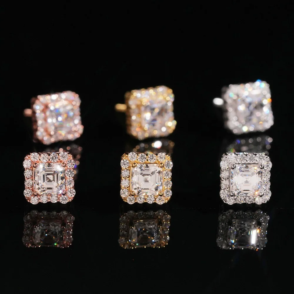 Asscher Cut D Color Moissanite Diamond Stud Earrings Screw Back 925 Sterling Silver Hiphop Rock Women Men Gift Pass Tester
