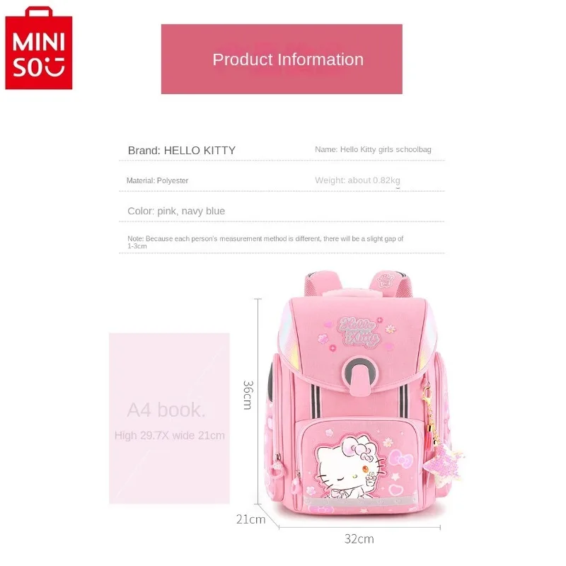 MINISO Hello Kitty Student Spinal Protection, Load Reduction, Breathable, Lightweight, and Large Capacity Storage Backpack