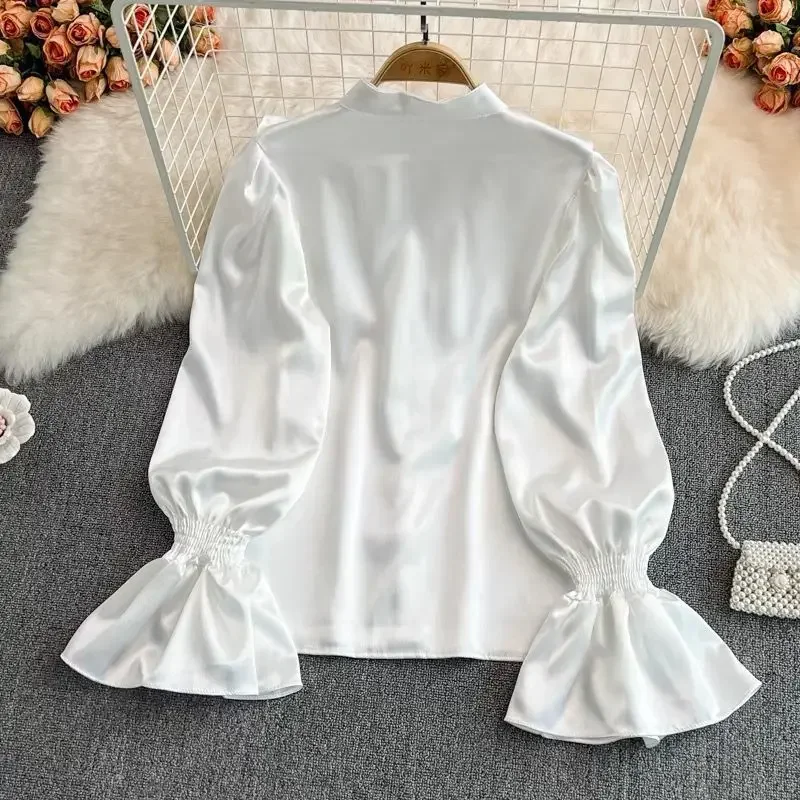 

High Quality Satin Loose Shirt Long Flared Sleeves Ruffles O Neck Beading Women Gentle Office Lady Casual Blouse